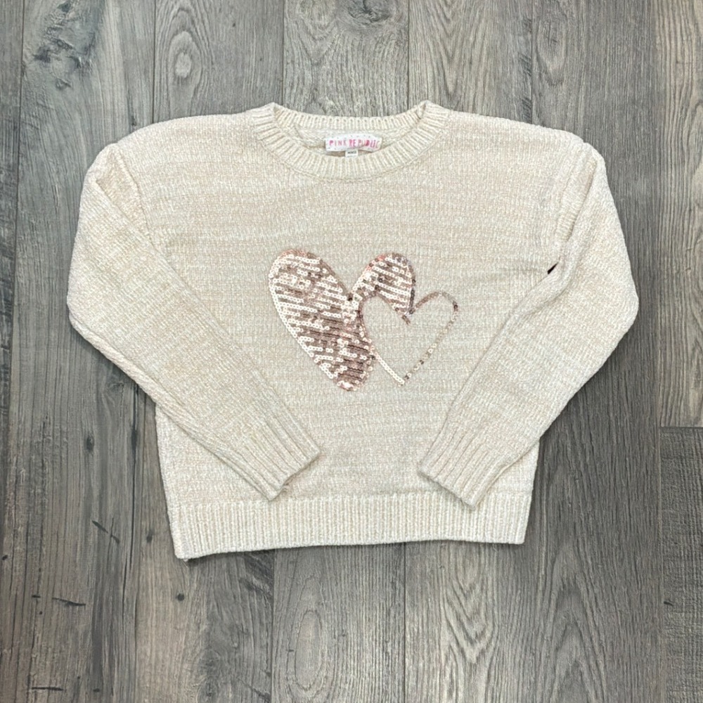 Pink Republic Girls Cream Chenille Heart Sequin Shimmer Sweater M 10/12 K4S25071